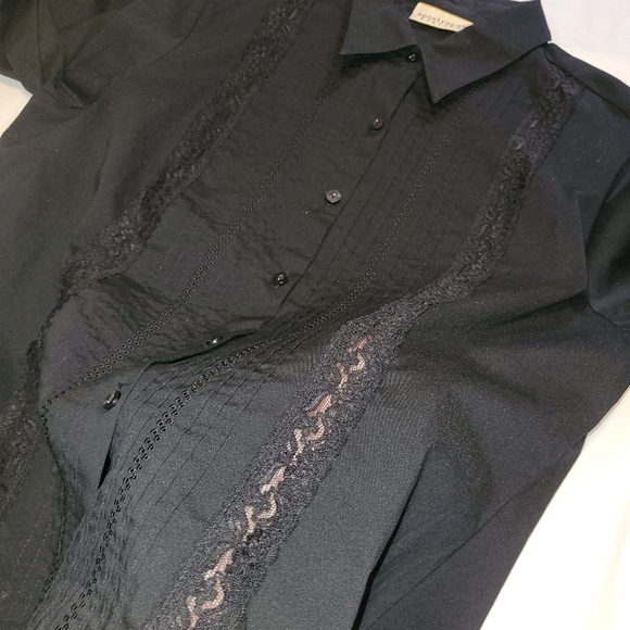 [EUC]Apostrophe Stretch Black Long-Sleeve Button-Down Dress Shirt w/ Lace Panels - Picture 6 of 16